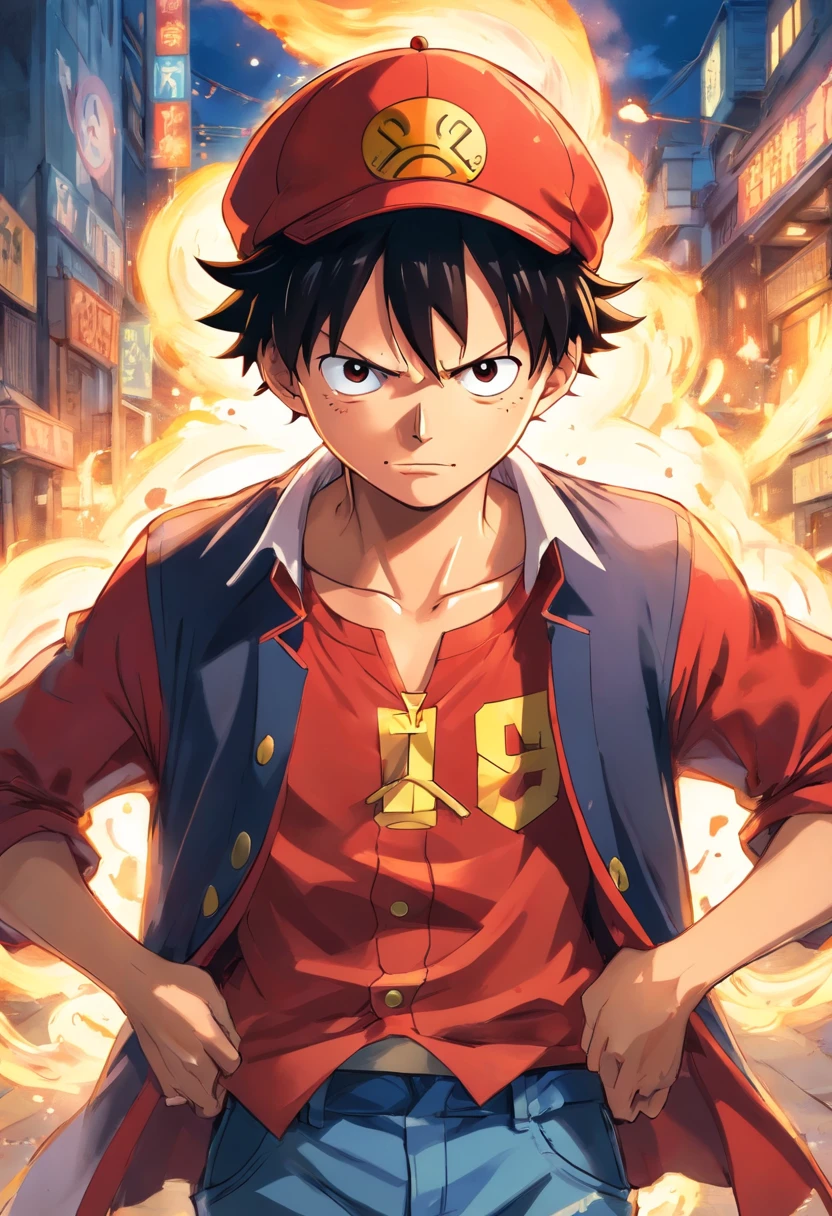 "a detailed illustration of Monkey D. Luffy in mob clothes and a serious expression on his face, Estilo One Piece, characteristic style of art by Eiichiro Oda, corpo inteiro, artistic work"