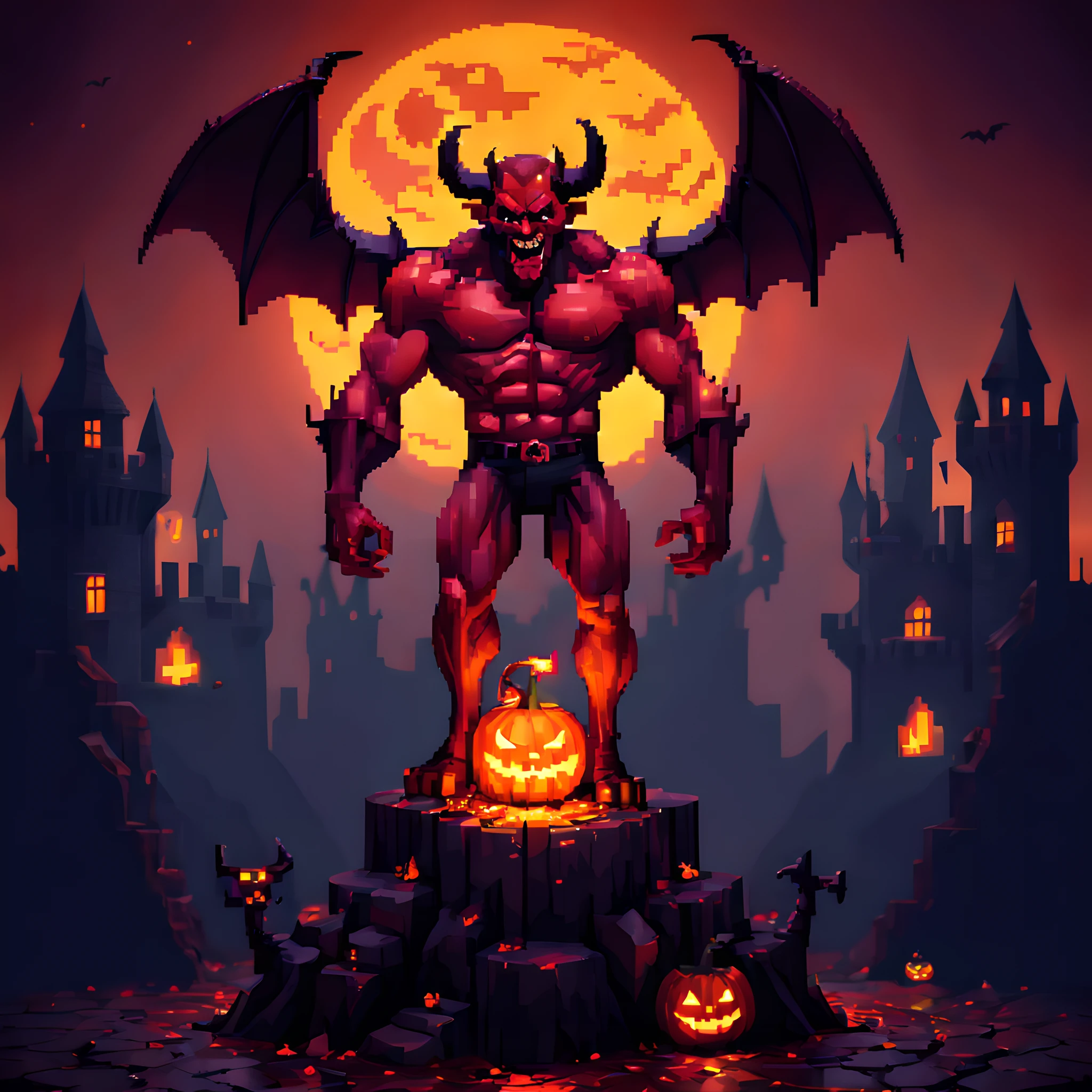 (halloween theme:1.3), (devil:1.5), (devil:1.5), (pixel art:1.5), scary muscular devil, standing on broken jack O'lantern, halloween day, dark background, european castle, fire aura background,