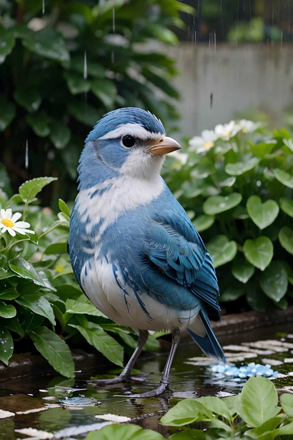 Cute very small bird with blue and white feathers standing in flower garden in the rain