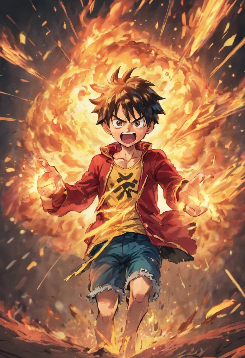 Design a gripping poster featuring Luffy from "One Piece" in a fit of rage. Capture the essence of his burning determination and unyielding spirit as he unleashes his wrath upon his enemies. Keep it short, bold, and intense to convey the raw power of Luffy's anger.