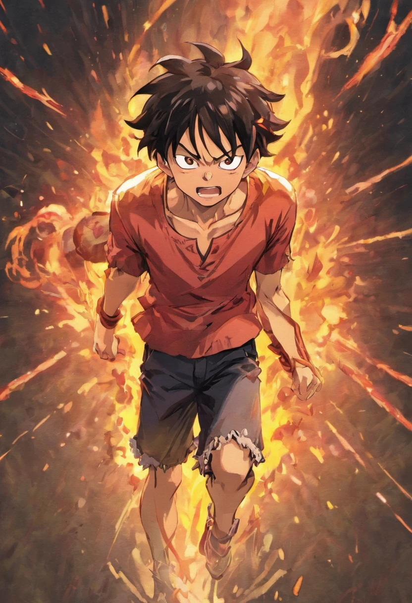 Design a gripping poster featuring Luffy from "One Piece" in a fit of rage. Capture the essence of his burning determination and unyielding spirit as he unleashes his wrath upon his enemies. Keep it short, bold, and intense to convey the raw power of Luffy's anger.