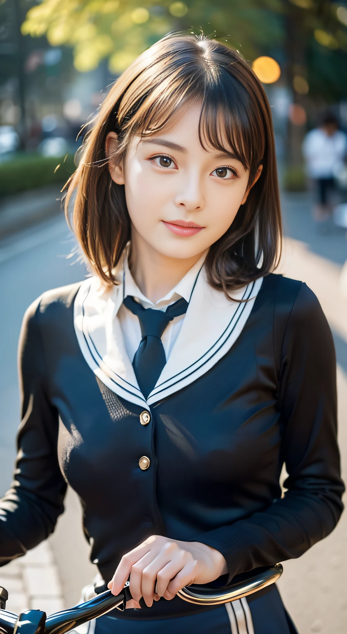(((32k,high detal,high-detail、masterpiece,Attention to detail,full body Esbian,独奏))),Raw photo & realistic atmosphere,beautiful dark blue eyes,Detailed mouth,Glossy lips,Detailed eyebrows,Eyes drawn in detail with soft white skin that shines with every detail、azure eyes,Very beautiful eyes,Detailed lips、Very beautiful face,Very well-formed face、Lifelike face,shiny beautiful lips, Realistic Young Gravure Idol, very beautiful school girl, ,Moderately beautiful, Young Sensual Gravure Idol, Young Gravure Idol, Beautiful, Cute and sexy15 year old schoolgirl,the whole body is wet,dripped out,with a flushed face,Incredibly beautiful15-year-old girl,short-cut,Brown shiny hair,Hair is wet,Dripping water,dripping,(Black pantyhose,Beautiful fece,Looking at the camera:1.4),(HDT Vision Japan HDT Vision Black HDT Vision Black HDTV Uniform,well-shaped breasts,,Mature body, I'm anxious and about to cry,Moist eyes,cold smile,glareing,The glaring face is also beautiful:1.5),(The chest of the uniform is open,Bike ride in the city,Straddling a bike,pedal a bike,rollback,Ride a bike in black pantyhose:1.7)