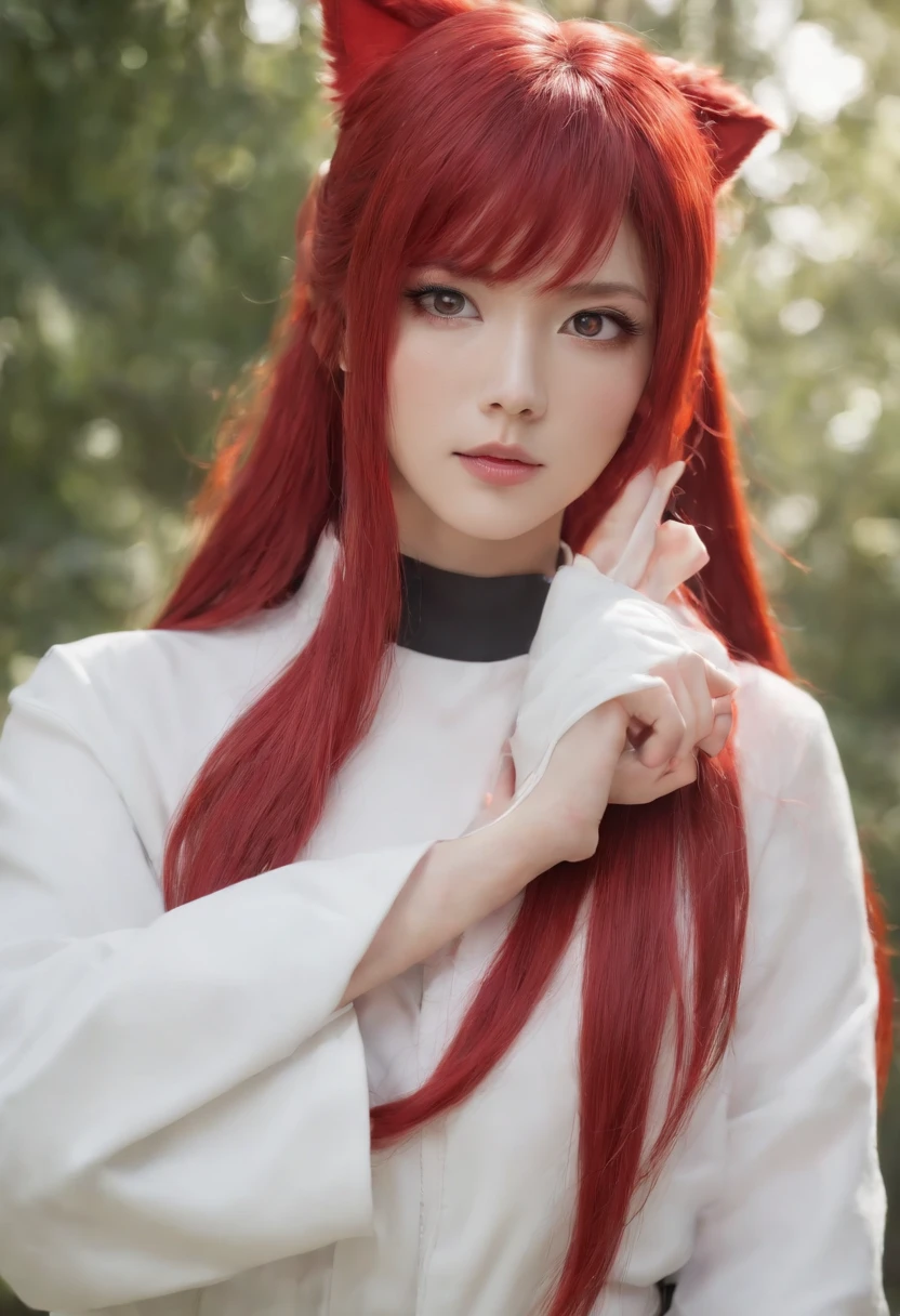 a girl with big red hair wearing a white and red Uzumaki-themed outfit, a pair of animal masks secured by chains around her, depicting Naruto characters. The artwork should be of the highest quality, with ultra-detailed features and a photorealistic rendering. The colors should be vivid and the lighting should enhance the overall atmosphere. The art style should be influenced by anime and should capture the essence of both the Naruto series and the Uzumaki clan, Anime