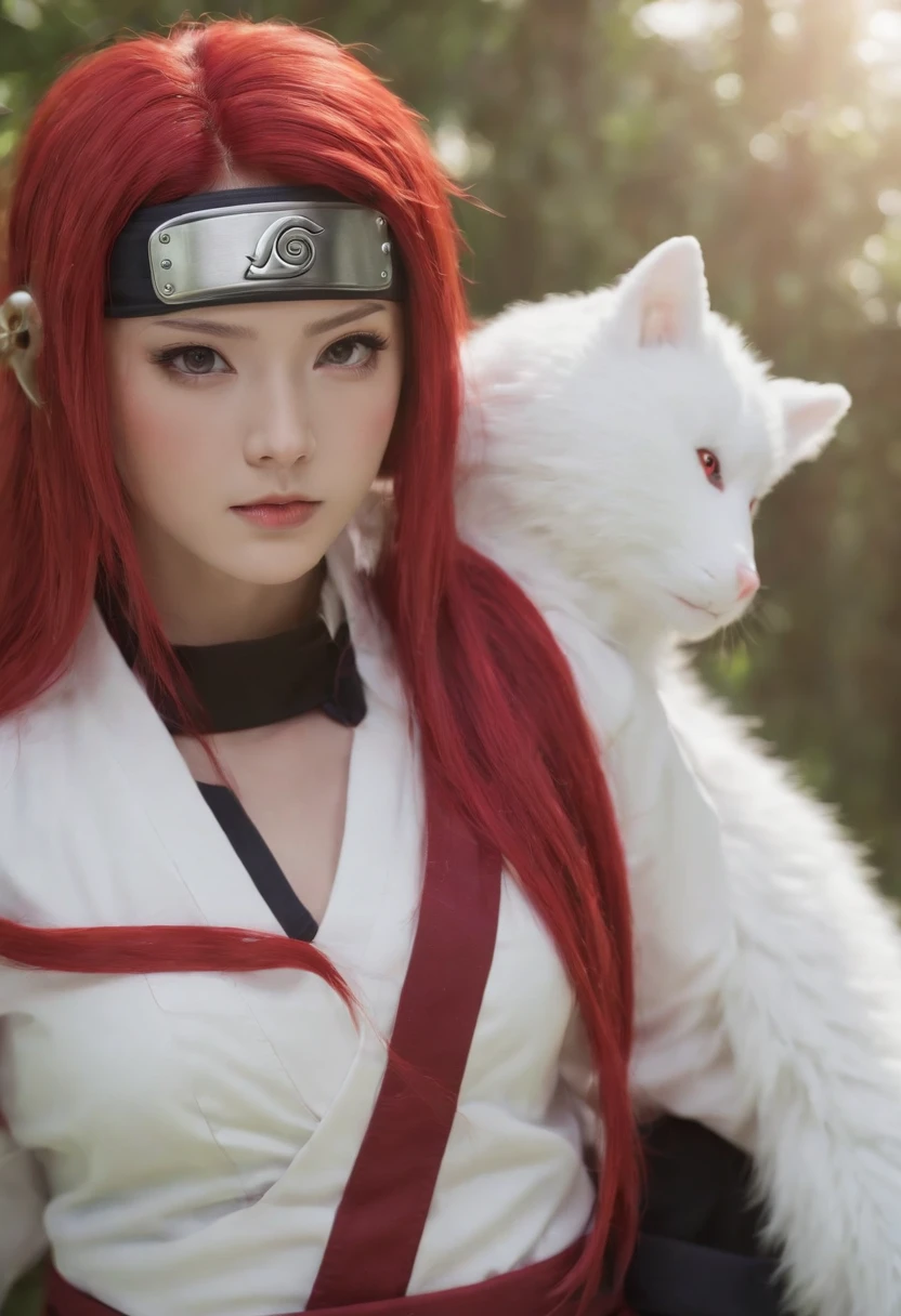 a girl with big red hair wearing a white and red Uzumaki-themed outfit, a pair of animal masks secured by chains around her, depicting Naruto characters. The artwork should be of the highest quality, with ultra-detailed features and a photorealistic rendering. The colors should be vivid and the lighting should enhance the overall atmosphere. The art style should be influenced by anime and should capture the essence of both the Naruto series and the Uzumaki clan, Anime