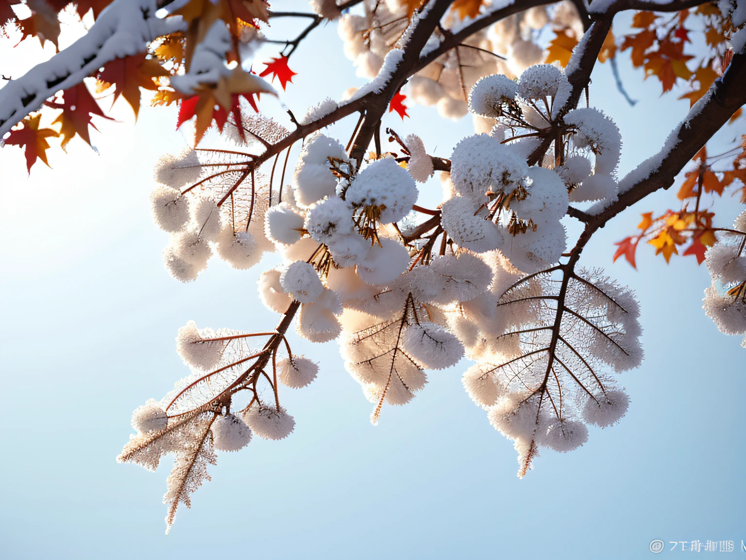 China has 24 solar terms,Frost, autumn
There is white frost on the leaves,fall foliage, Frost clings to autumn
leaf,Temperature drop,Snow,cool colours,
Warm light, Contre-Jour,8k —aspect 8:16 —v5.2