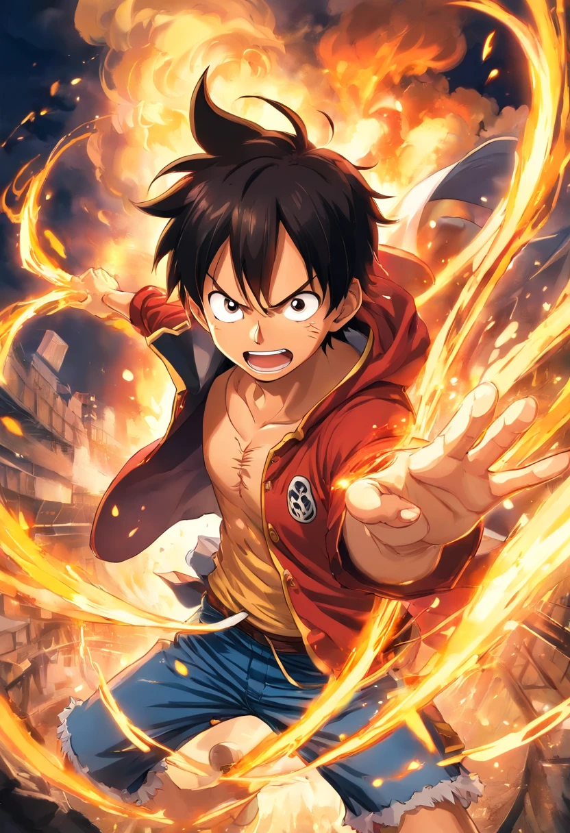 Design a gripping poster featuring Luffy from "One Piece" in a fit of rage. Capture the essence of his burning determination and unyielding spirit as he unleashes his wrath upon his enemies. Keep it short, bold, and intense to convey the raw power of Luffy's anger.