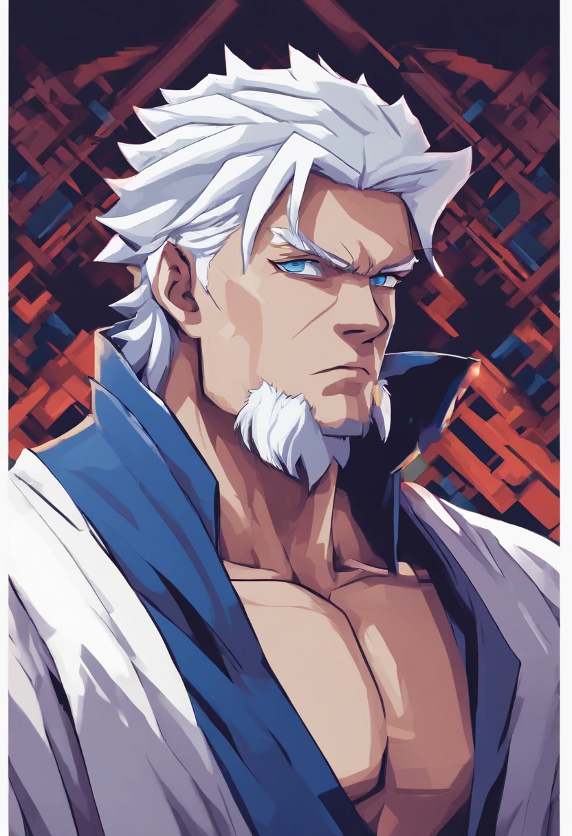 (age:32,male,white hair,blue eyes,white robe with lighting, ninja,naruto,dark skin,bodybuilder), (high resolution,4k,professional,physically-based rendering,vivid colors), (portraits,anime), (lighting:moody,shadow,backlit), (color tone:cool tones,blue hues), Anime