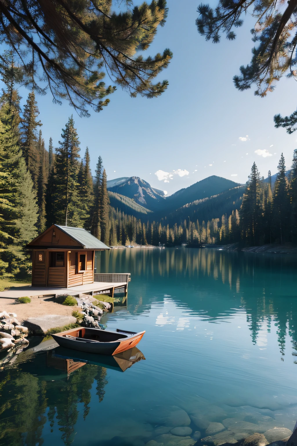 lake, stones, pines, boat, fisherman, fishing cabin across the lake, muted colors, out of focus