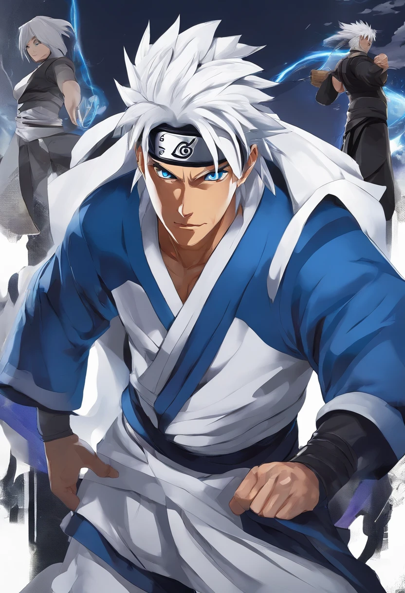 (age:32,male,white hair,blue eyes,white robe with lighting, ninja,naruto,dark skin,bodybuilder), (high resolution,4k,professional,physically-based rendering,vivid colors), (portraits,anime), (lighting:moody,shadow,backlit), (color tone:cool tones,blue hues), Anime