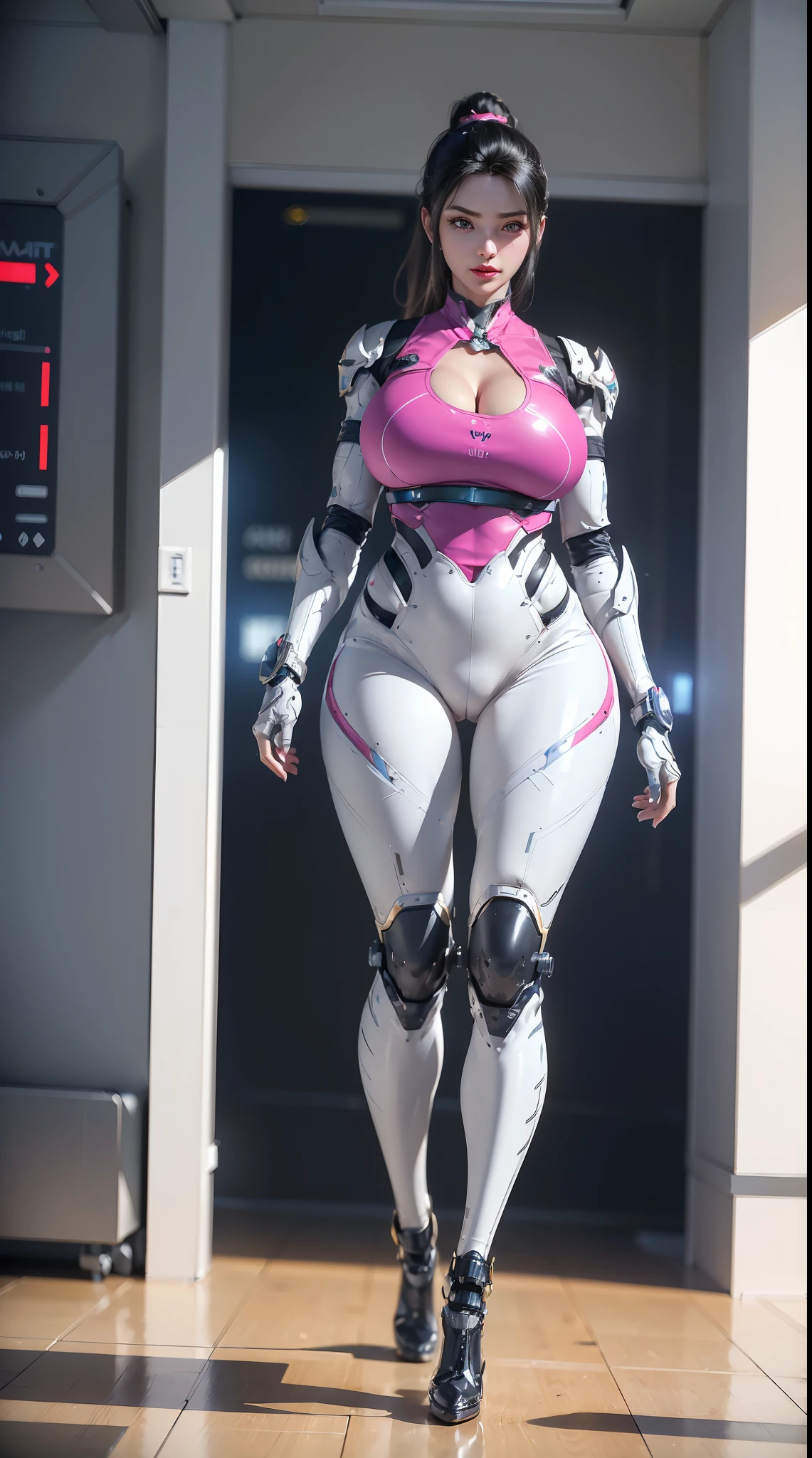 (NSWF:1.5), (1GIRL,SOLO:2), ((Blonde ponytail hair)), (super detailed face), ((BIG BUTTOCKS, HUGE FAKE BREASTS:1.5)), (CLEAVAGE TOP:1.5), (MUSCLE ABS FEMALE:1.4), (MECHA GUARD ARM:1.4), ((WEAR MAGENTA WHITE OVERWATCH MECHANICAL ARMOR CROP TOP, BLACK MECHANICAL SKINTIGHT SUIT PANTS, MECHA GUARD ARMOR LEGS, HIGH HEELS:1.5)), (MUSCULAR BODY:1.3), (GLOSSY SKIN:0.8), (SEXY LONG LEGS, FULL BODY:1.1), (LOOKING AT VIEWER:1.3), (female focus:0.886), (WALKING DOWN HALLWAY OF FUTURISTIC SPACE STATION:1), (BRIGHT LIGHT WHITE_ROOM:1.3), SUPER TEXTURE, UNREAL ENGINE RENDER, PHYSICALLY-BASED RENDERING, ULTRA HIGHT DEFINITION, 16K, 1080P.