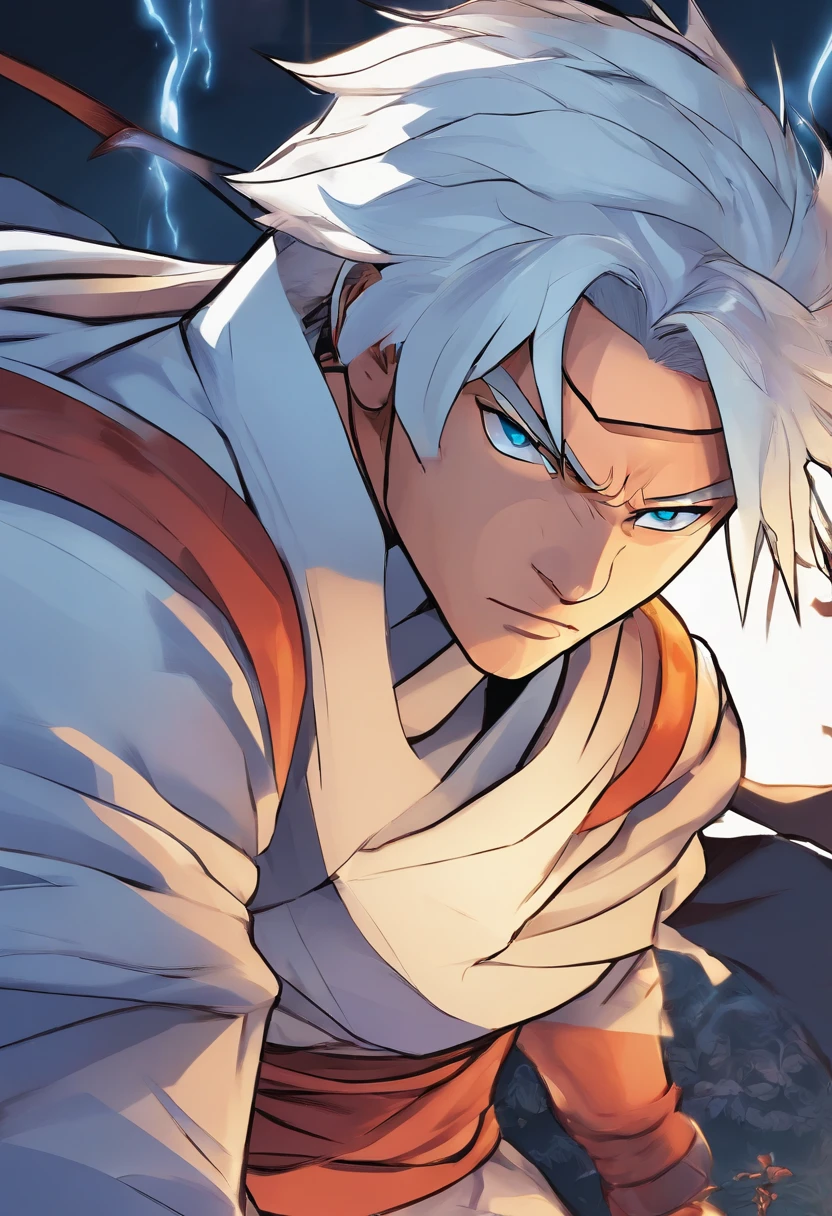 (age:32,male,white hair,blue eyes,white robe with lighting, ninja,naruto,dark skin,bodybuilder), (high resolution,4k,professional,physically-based rendering,vivid colors), (portraits,anime), (lighting:moody,shadow,backlit), (color tone:cool tones,blue hues), Anime
