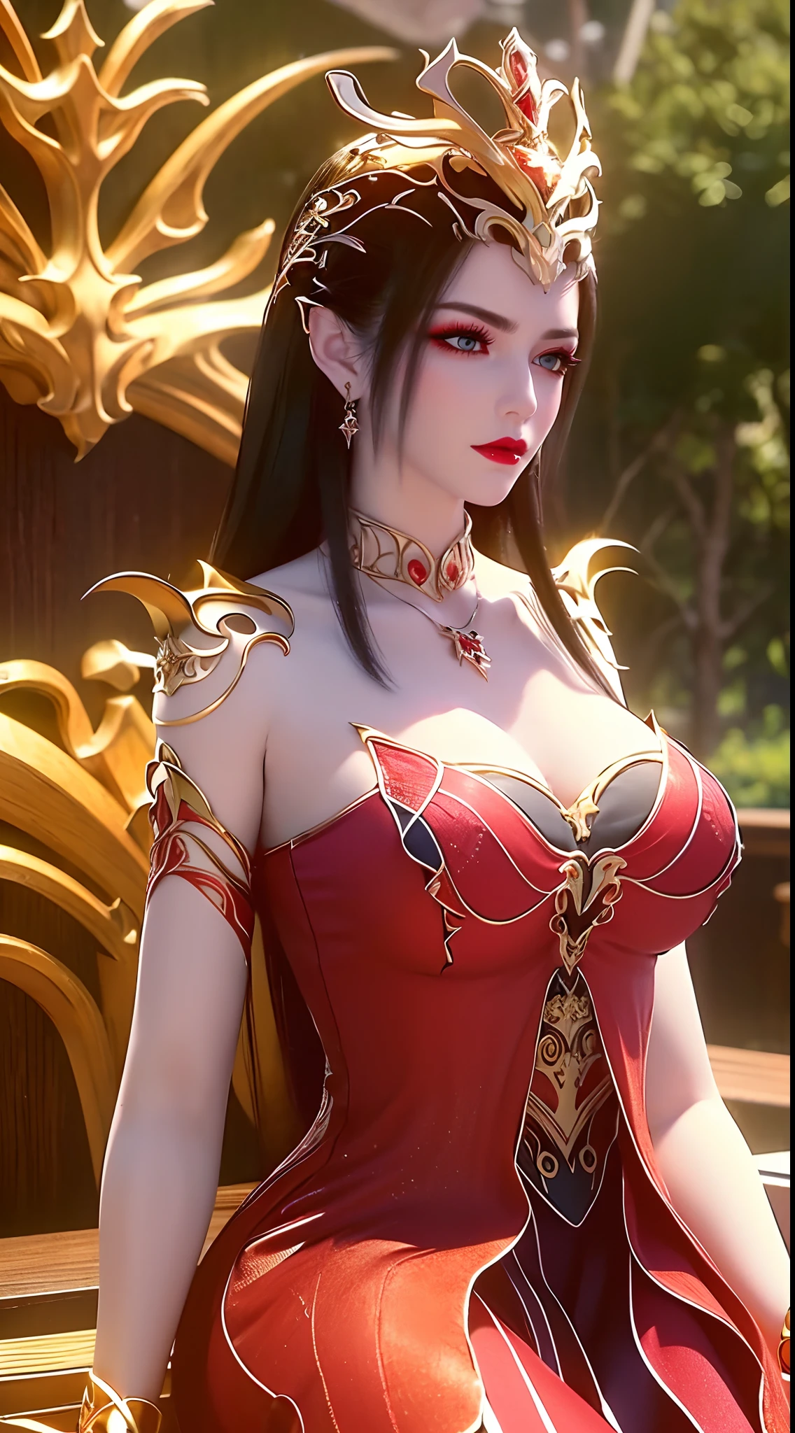 "An extremely beautiful queen,(best quality,4k,highres,masterpiece:1.2),ultra-detailed,(realistic,photorealistic,photo-realistic:1.37),beautiful queen,royal costume,sparkling crown,colorful gemstones,golden scepter,elegant pose,garden background,soft lighting,vibrant colors,delicate facial features,long flowing hair,big and round breasts,black eye pupils,The big, round platinum eyes are beautiful and super detailed,red and detailed makeup eyebrows,mouth closed tightly,dreamy atmosphere,the most perfect body,ethereal beauty,proud expression,clasped the queen's hands behind her back,strikingly graceful,lovely and charming,attention to detail,regal and majestic,fairytale-like ambiance,1 girl, 1 alone,full body"