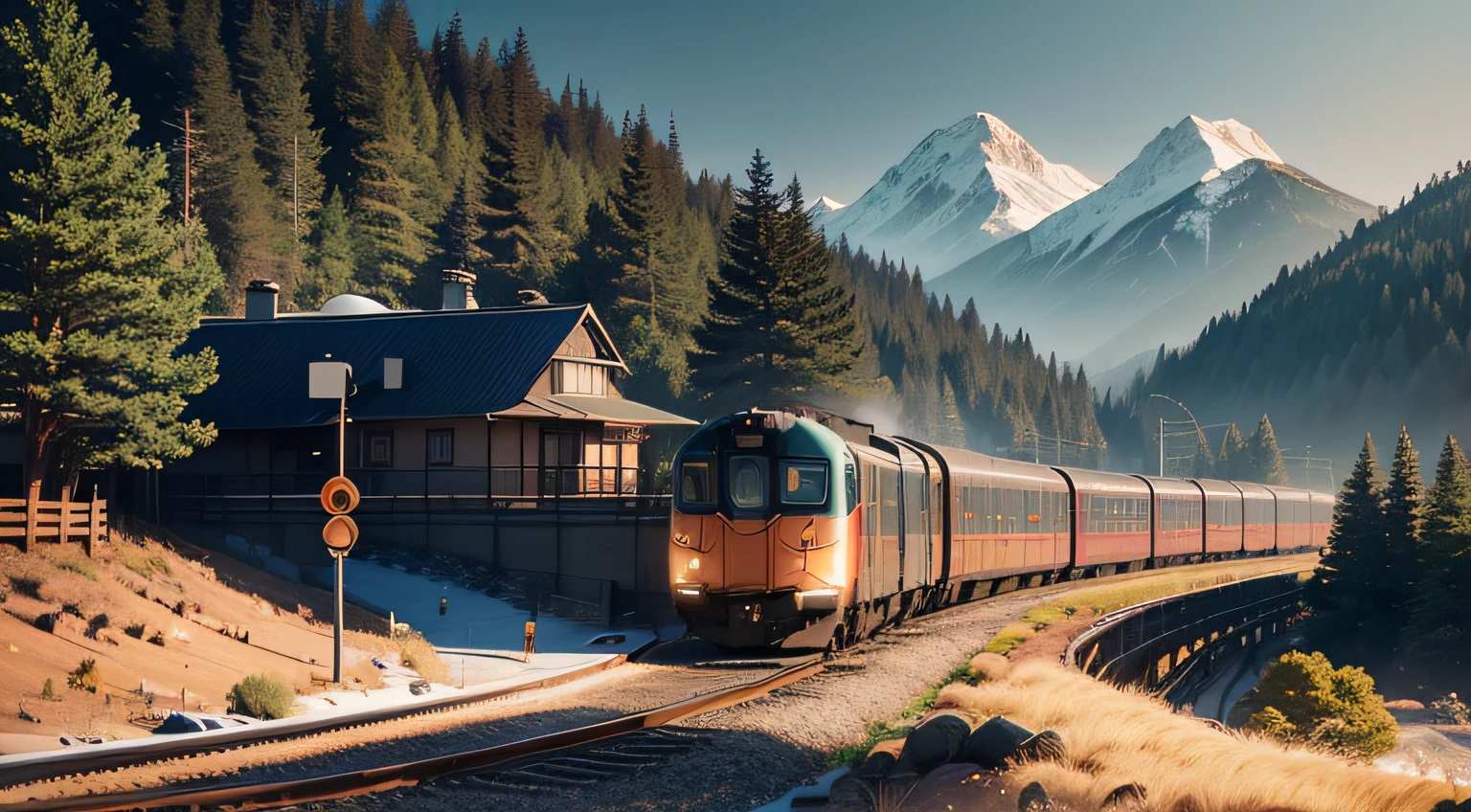 Generate an icon that reflects the concept of my YouTube channel, 'Zen Railway: Dreams and Meditation Station.' The channel's concept centres around train journeys as a form of relaxation and calming meditation. The icon should have elements of a soothing, tranquil railway journey. I would like it to evoke the feel of a peaceful train ride through calming scenery, day or night. The specific elements I am considering are trains, rail tracks, peaceful landscapes, and elements that reflect meditation and sleep. I would like to keep the colors soothing and not too bright, geared towards creating a sense of peace and tranquility.