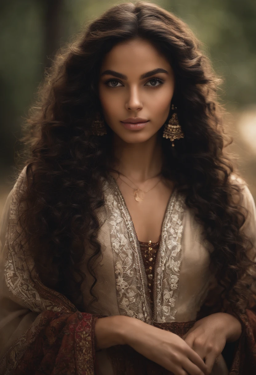 a close up of a woman with long curly hair, a character portrait, by irakli nadar, teenage vanessa morgan, young middle eastern woman, sofya emelenko, 1 / 4 headshot, cute young girl, charli bowater, extra-dark natural black hair, beautiful little girl, looking straight to the camera, beautiful mexican woman, jamie coreth