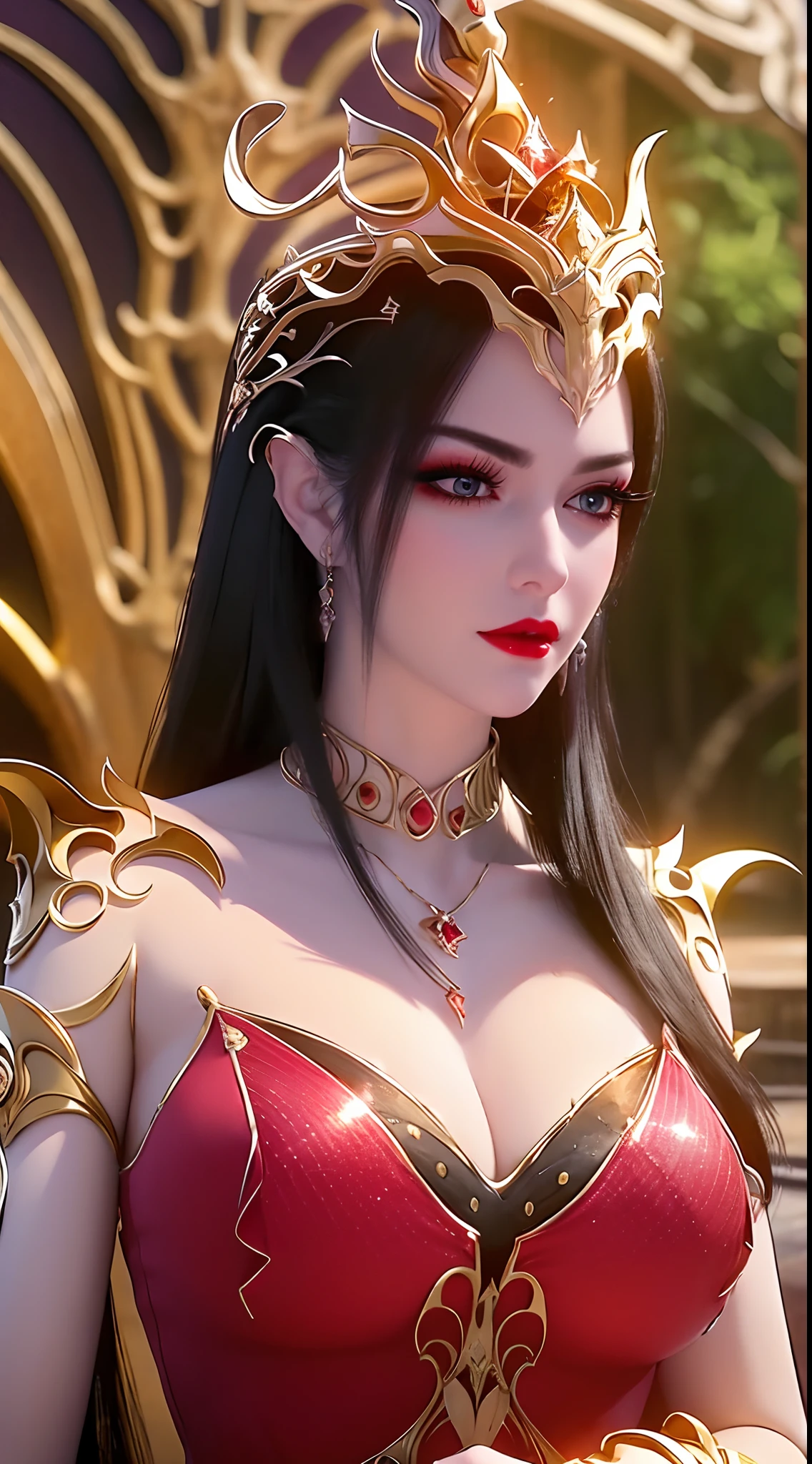 "An extremely beautiful queen,(best quality,4k,highres,masterpiece:1.2),ultra-detailed,(realistic,photorealistic,photo-realistic:1.37),beautiful queen,royal costume,sparkling crown,colorful gemstones,golden scepter,elegant pose,garden background,soft lighting,vibrant colors,delicate facial features,long flowing hair,big and round breasts,black eye pupils,The big, round platinum eyes are beautiful and super detailed,red and detailed makeup eyebrows,mouth closed tightly,dreamy atmosphere,the most perfect body,ethereal beauty,proud expression,clasped the queen's hands behind her back,strikingly graceful,lovely and charming,attention to detail,regal and majestic,fairytale-like ambiance,1 girl, 1 alone,full body"