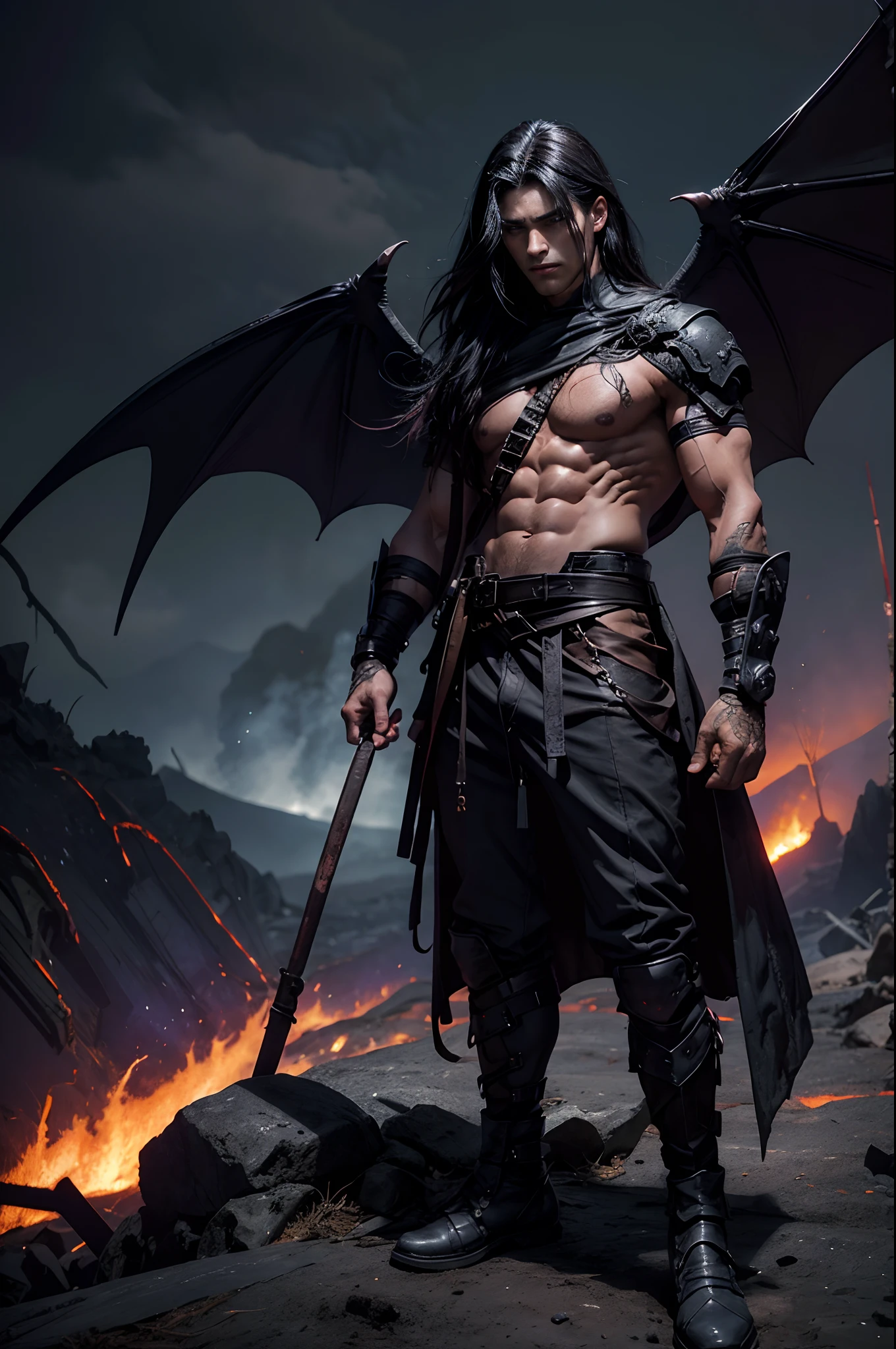 An athletic man with long dark hair, dark purple eyes, calm stare to the viewer, dressed with leather rags, big dark bat wings on his back, surrounded by whips of fire, lava, volcanic hell as background. Gloomy atmosphere, highly detailed.