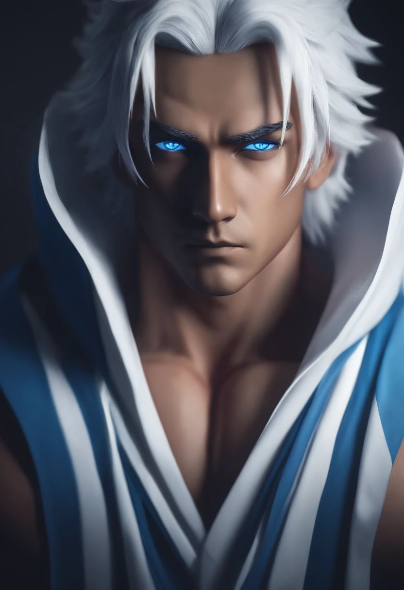 (age:32,male,white hair,blue eyes,white robe with lighting, ninja,naruto,dark skin,bodybuilder), (high resolution,4k,professional,physically-based rendering,vivid colors), (portraits,anime), (lighting:moody,shadow,backlit), (color tone:cool tones,blue hues), Anime