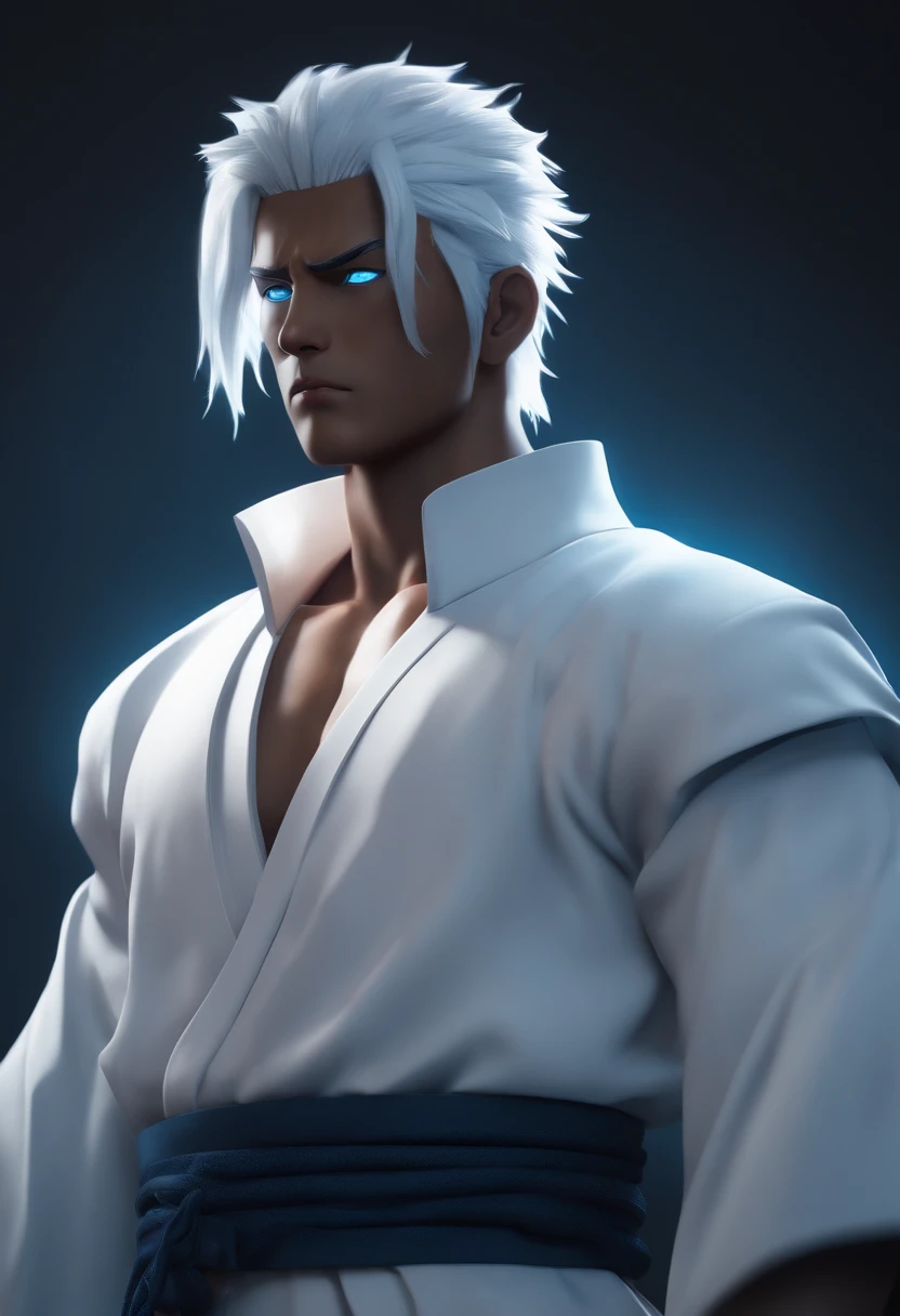 (age:32,male,white hair,blue eyes,white robe with lighting, ninja,naruto,dark skin,bodybuilder), (high resolution,4k,professional,physically-based rendering,vivid colors), (portraits,anime), (lighting:moody,shadow,backlit), (color tone:cool tones,blue hues), Anime