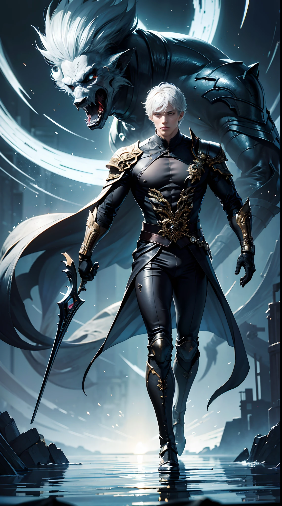 ((Masterpiece, Highest quality)), Detailed face, character design sheet, full bodyesbian, Full of details, frontal body view, back body view, Highly detailed, Depth, Many parts, Muscle boy with white hair,handsome man, WW2 black suit, Genshin Impact, man tallHD lighting and dark )<=(epic image quality)dark atmosphere with bright particle light(many effects in background)