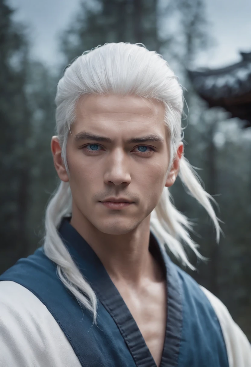 (age:32,male,white hair,blue eyes,white robe with lighting, ninja,naruto,dark skin,bodybuilder), (high resolution,4k,professional,physically-based rendering,vivid colors), (portraits,anime), (lighting:moody,shadow,backlit), (color tone:cool tones,blue hues), Anime