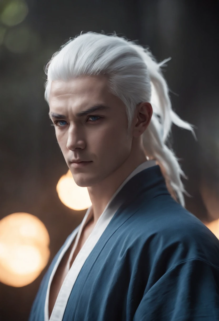 (age:32,male,white hair,blue eyes,white robe with lighting, ninja,naruto,dark skin,bodybuilder), (high resolution,4k,professional,physically-based rendering,vivid colors), (portraits,anime), (lighting:moody,shadow,backlit), (color tone:cool tones,blue hues), Anime