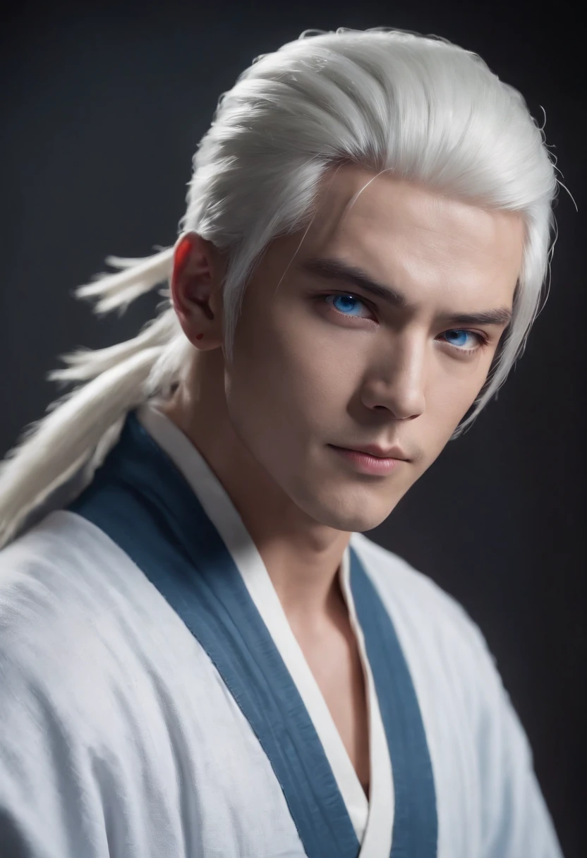 (age:32,male,white hair,blue eyes,white robe with lighting, ninja,naruto,dark skin,bodybuilder), (high resolution,4k,professional,physically-based rendering,vivid colors), (portraits,anime), (lighting:moody,shadow,backlit), (color tone:cool tones,blue hues), Anime