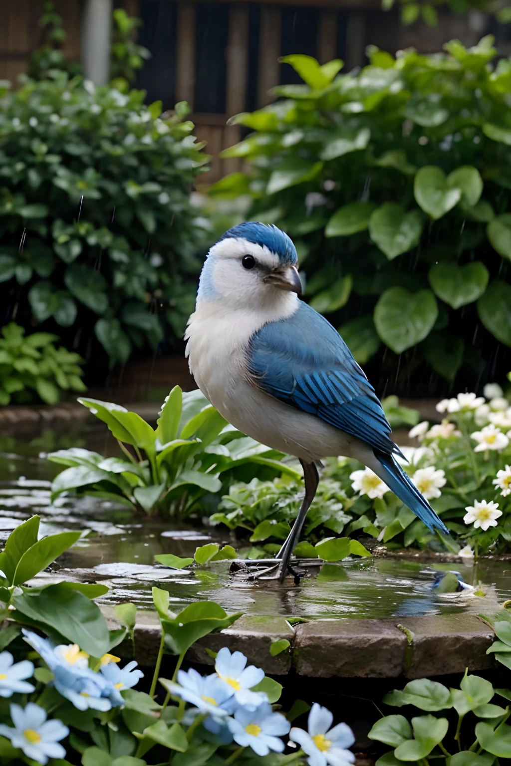 Cute very small bird with blue and white feathers standing in flower garden in the rain