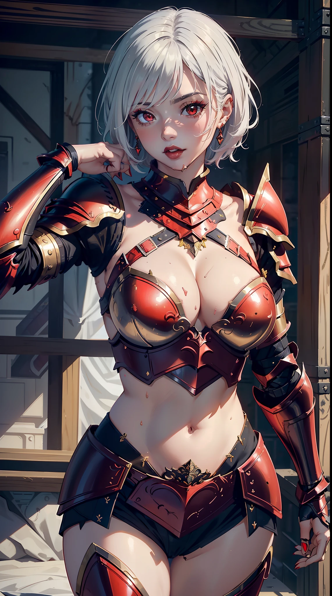 1girl, 22 years old, blush, (big breasts), (dynamic pose:1.5), red lip, pretty face, elegant, masterpiece, ultra detail, jewellery, eyeliner, (wearing sexy armor:1.8), (white hair), (tomboy), (cleavage), short hair, (red eyes), navel