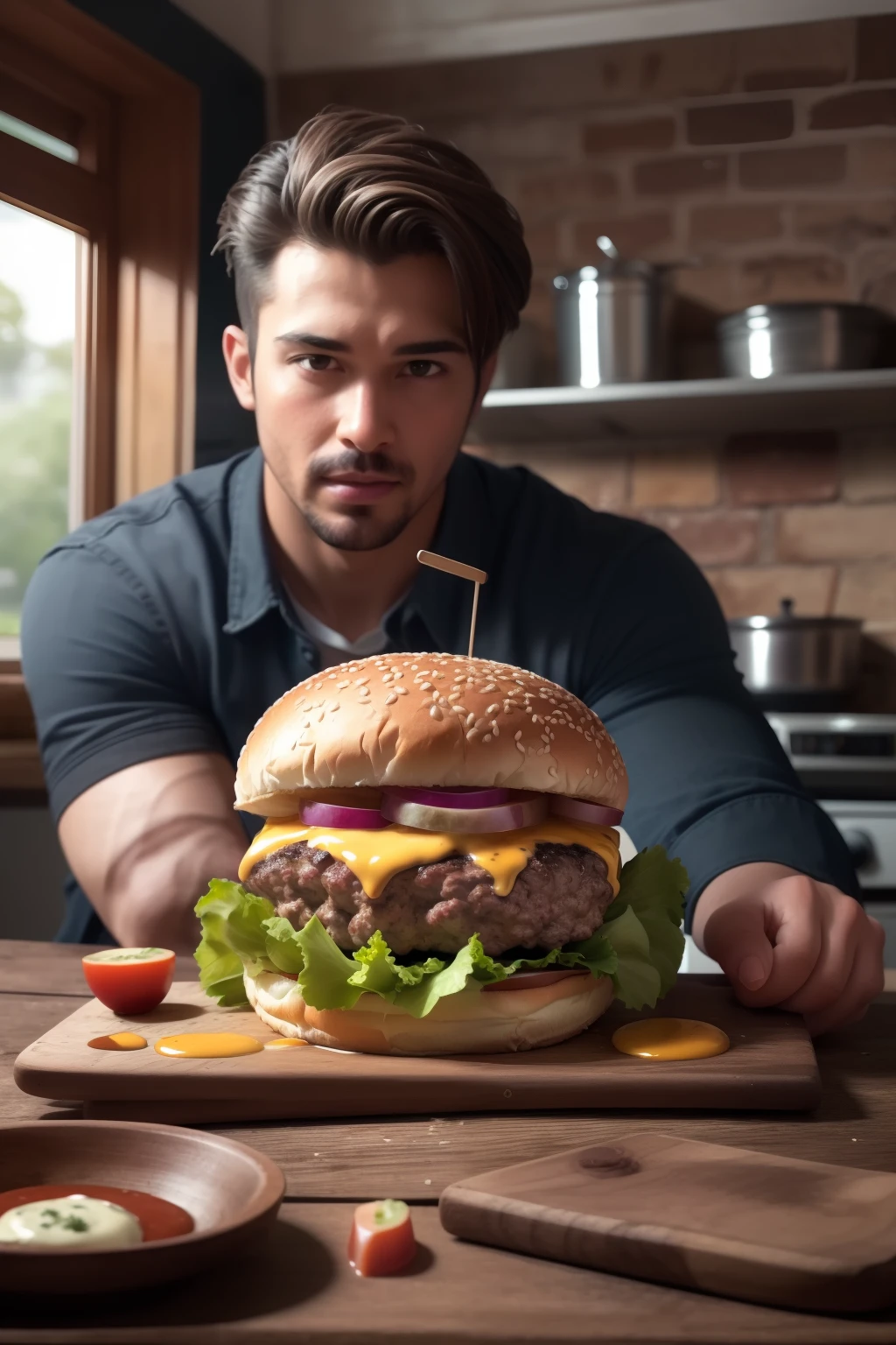 In the back kitchen of the dining room，A handsome guy who makes hamburgers，The table was filled with juicy burgers, tasty, Hot, promotional shot, Intricate details, hdr, Cinematic,