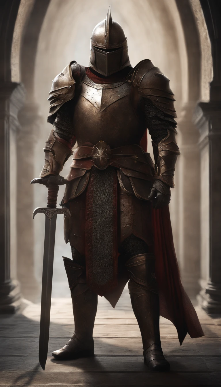 (Best quality,4K,8K,A high resolution,Masterpiece:1.2),Ultra-detailed,(Realistic,Photorealistic,photo-realistic:1.37),A sword-wielding demon armor warrior stood in the hall, Full body portrait of the mysterious knight, Wearing heavy armor,A sacred warrior wielding a legendary sword, Mythical warriors in full-body armor, A golden knight with divine armor, The helmet is decorated with the devil's horns, The eyes glow blood-red, Concept art for glorious figures, Crimson Armor Knight, Epic Paladin armor, Holy medieval knight, Kneel on one knee, Blades embedded in the earth, submission, Full body shot.