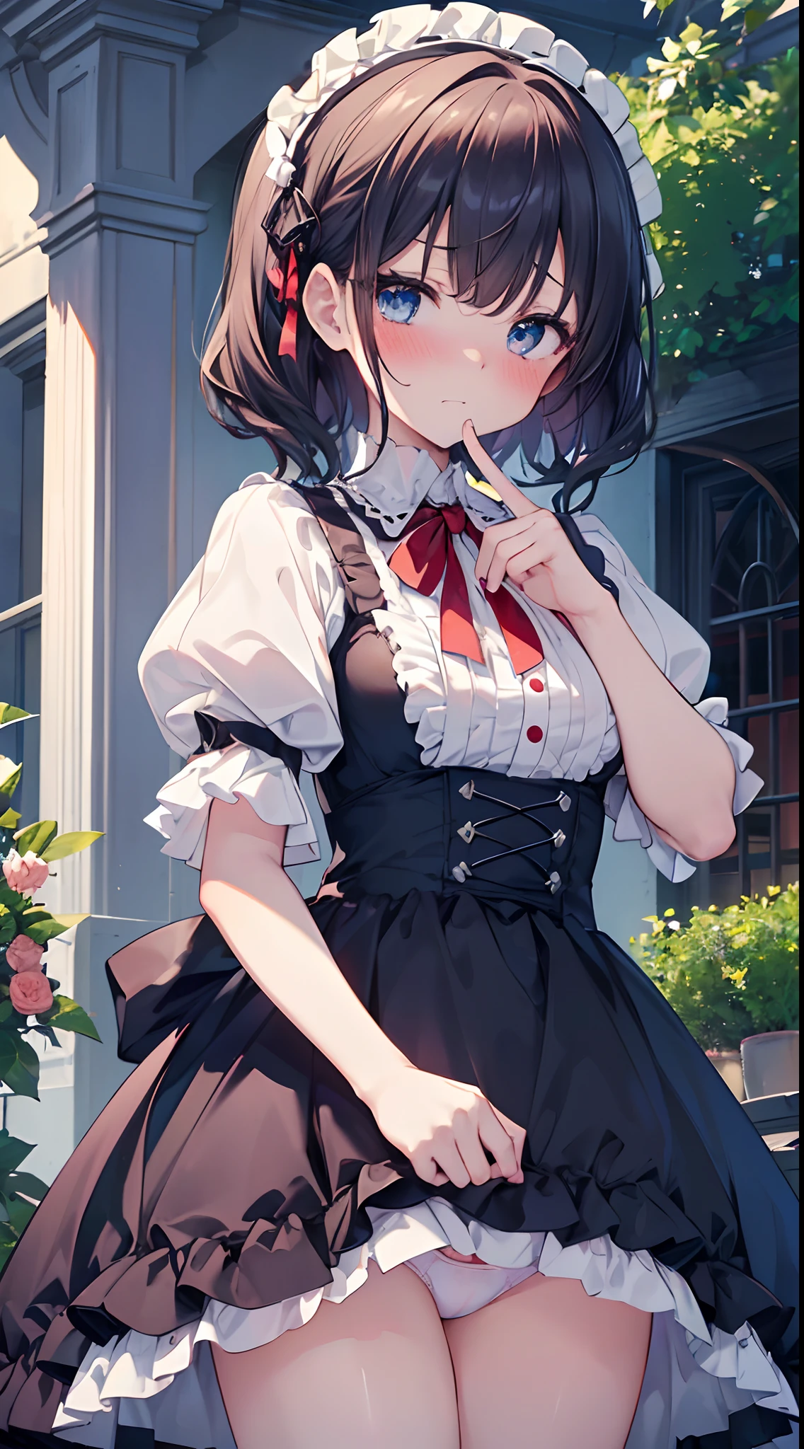 (masutepiece, Best Quality:1.2), 8K, 85 mm, Official art, absurderes, A dark-haired, (Blue eyes, Lolita Fashion, sweetlolita, Gothic, Dress:1.2), Idol face, Upper body, Beautiful Girl, gardeniass, Copenhagen, Short sleeve, Elegance, Sophisticated, gardenia, Film grain, chromatic abberation, Sharp Focus, face lights, Dynamic lighting, Cinematic lighting,(( red blush、embarassed expression, Look away、Looking down in embarrassment:1.2))、(((tucking up the skirt、White panties are visible、Sujiman、slit)))、