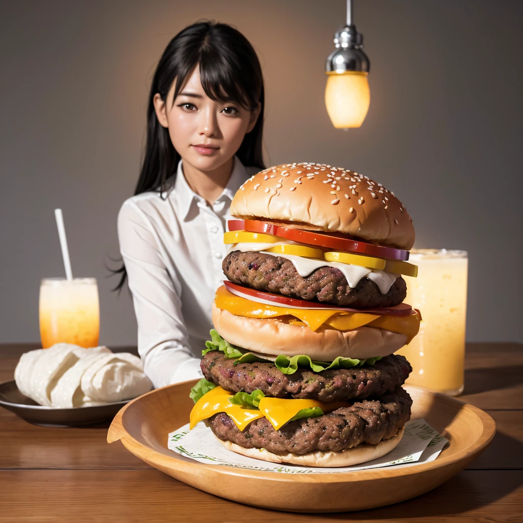 (Best quality、Realistic、Photorealistic:1.37)、hamburgers(full bodyesbian:1.5)、Hamburg always runs、Chase the burger enemy、(hamburgers:1.5)、(The burger is shiny，juice)、Blue sky background、Hills full of pink and white daisies、Vivid colors、strong contrasts、Soft lighting、Hole to see people， Batik linen bandana， Crane pattern long sleeve garment，ice flower（Abstract propylene splash：1.2）， Thick fog background，Grilled burgers（realisticlying：1.4），hamburgers，Fairy air fluttering，the complex background， A high resolution， the detail， RAW photogr， Sharp Re， Nikon D850 Film Stock Photo by Jefferies Lee 4 Kodak Portra 400 Camera F1.6 shots, Rich colors, ultra-realistic vivid textures, Dramatic lighting, Unreal Engine Art Station Trend, cinestir 800，Flowing black hair,（（（Big Mac Burger King）））