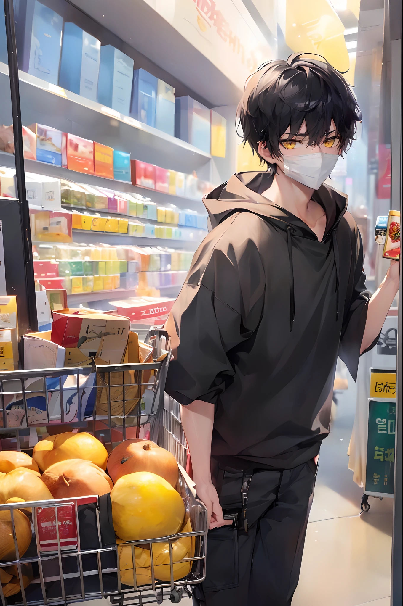 (4K works))、​masterpiece、(top-quality)、In the shopping center、Korean Male、Adult male、((Adult 26 years old))、((Face similar to Hyun Jin))、Cool Men、tall、((Glaring expression))、((Strong eyes))、((Wearing a white T-shirt and a hooded black jacket、White long trousers))、((Autumn Clothing Style))、((Wear a black mask))、((smaller face))、Slim body、((hooligan))、((Black short-haired))、((Yellow eyes))、((shot from front))、((He while shopping))、((He standing while pushing a cart))、((Shot alone))、((Solo Photography))