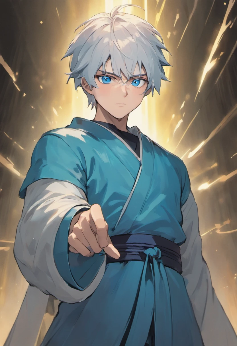 (age:32,male,white hair,blue eyes,white robe with lighting, ninja,naruto,dark skin,bodybuilder), (high resolution,4k,professional,physically-based rendering,vivid colors), (portraits,anime), (lighting:moody,shadow,backlit), (color tone:cool tones,blue hues), Anime