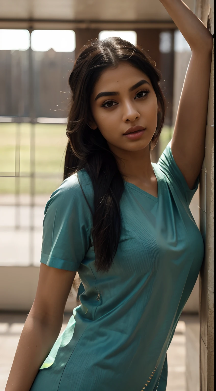 ultra-realistic photographs,Indian Instagram female model,mid 20s,9:16,mid-shot,beautiful detailed eyes,detailed lips,longeyelashes,black bun hair style, naturally full eyebrows,perfectly formed nose,expressive face,attractive appearance,confident and elegant posture,graceful movement,vibrant and track dress, trackfield background, serene atmosphere,stunning architecture,soft and natural lighting,vivid colors,photorealistic,HDR,highres,studio lighting,ultra-detailed,bokeh,fully covered clothes