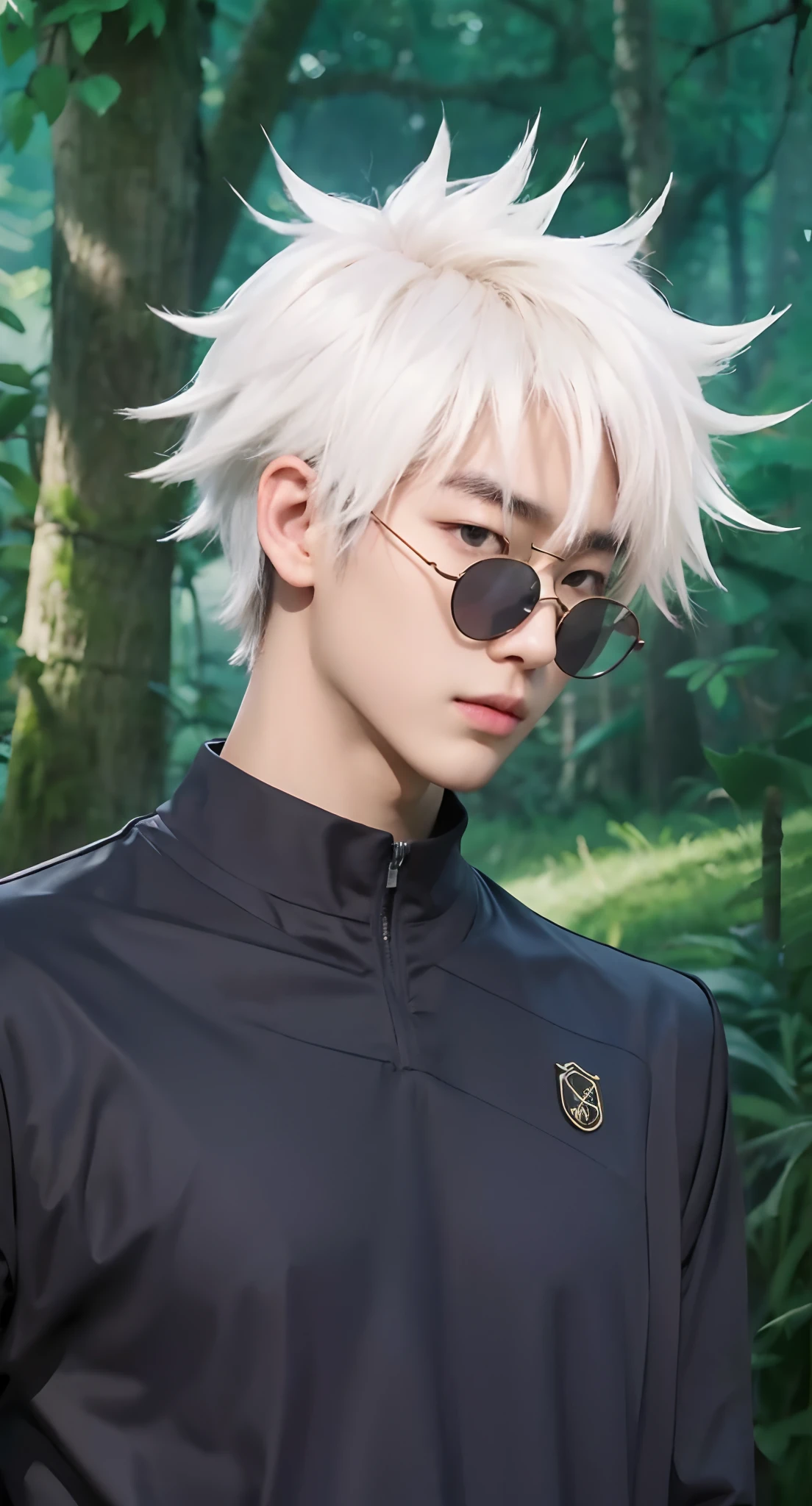Real life adaption of this character, Korean teen handsome face,looking to viewer,realistic same hair ,realistic jungle with many grass background, hyper realistic, realistic light, realistic shadow, realism,(photorealistic:1.2), (realistic same outfit),wear realistic round glasses