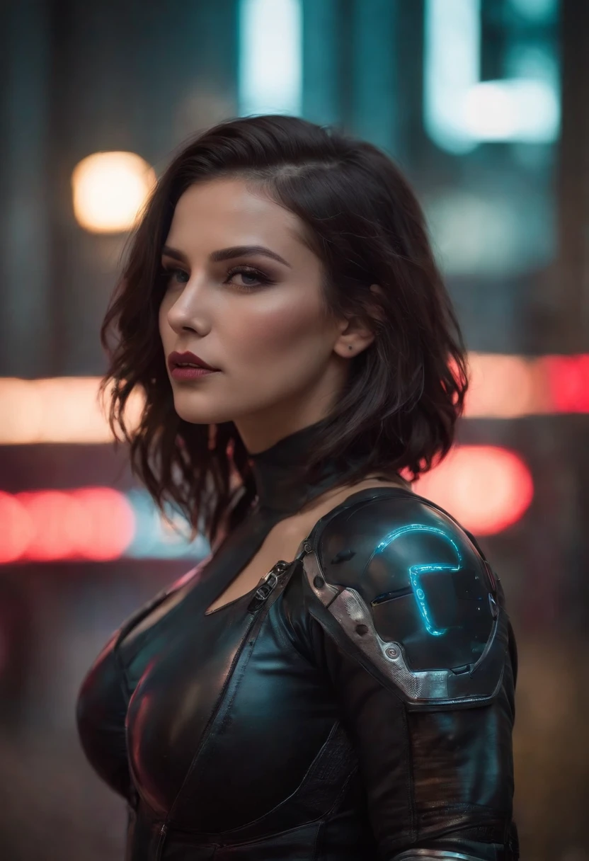 mulher, cabelo ruivo, pose sensual, segurando espada, estilo neon cyberpunk, cidade futurista, roupa curta, big boobs on display