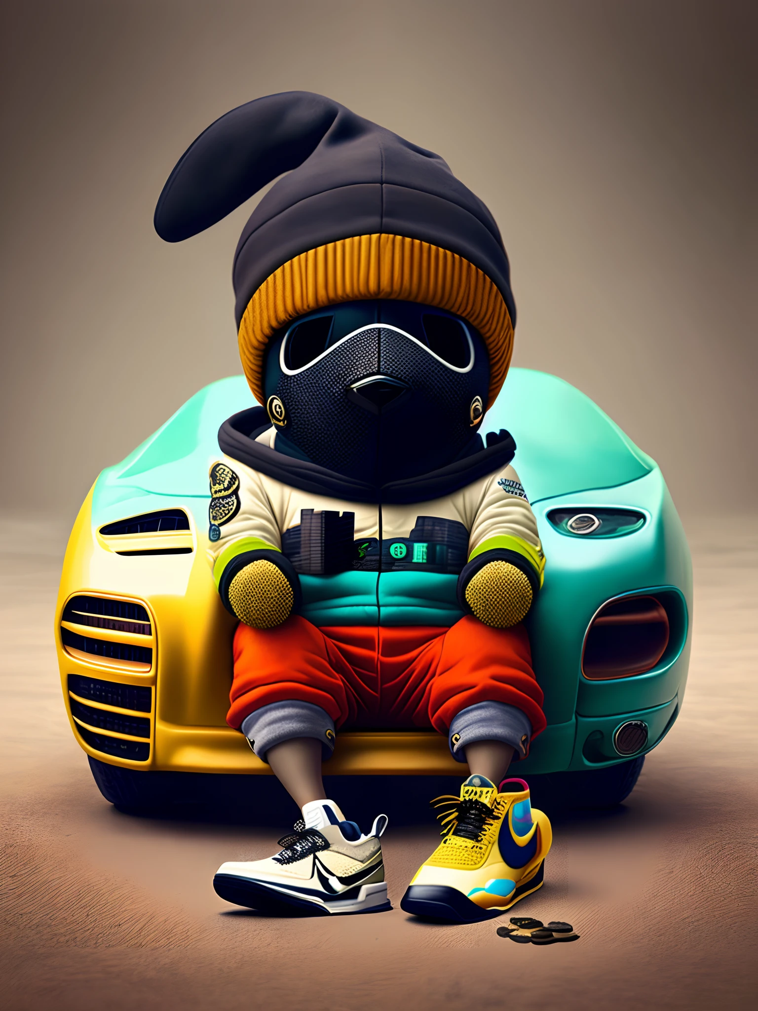 Hype realistic Stitch with Hennessy and money and ski mask and Nike air mag sit in a  Lamborghini