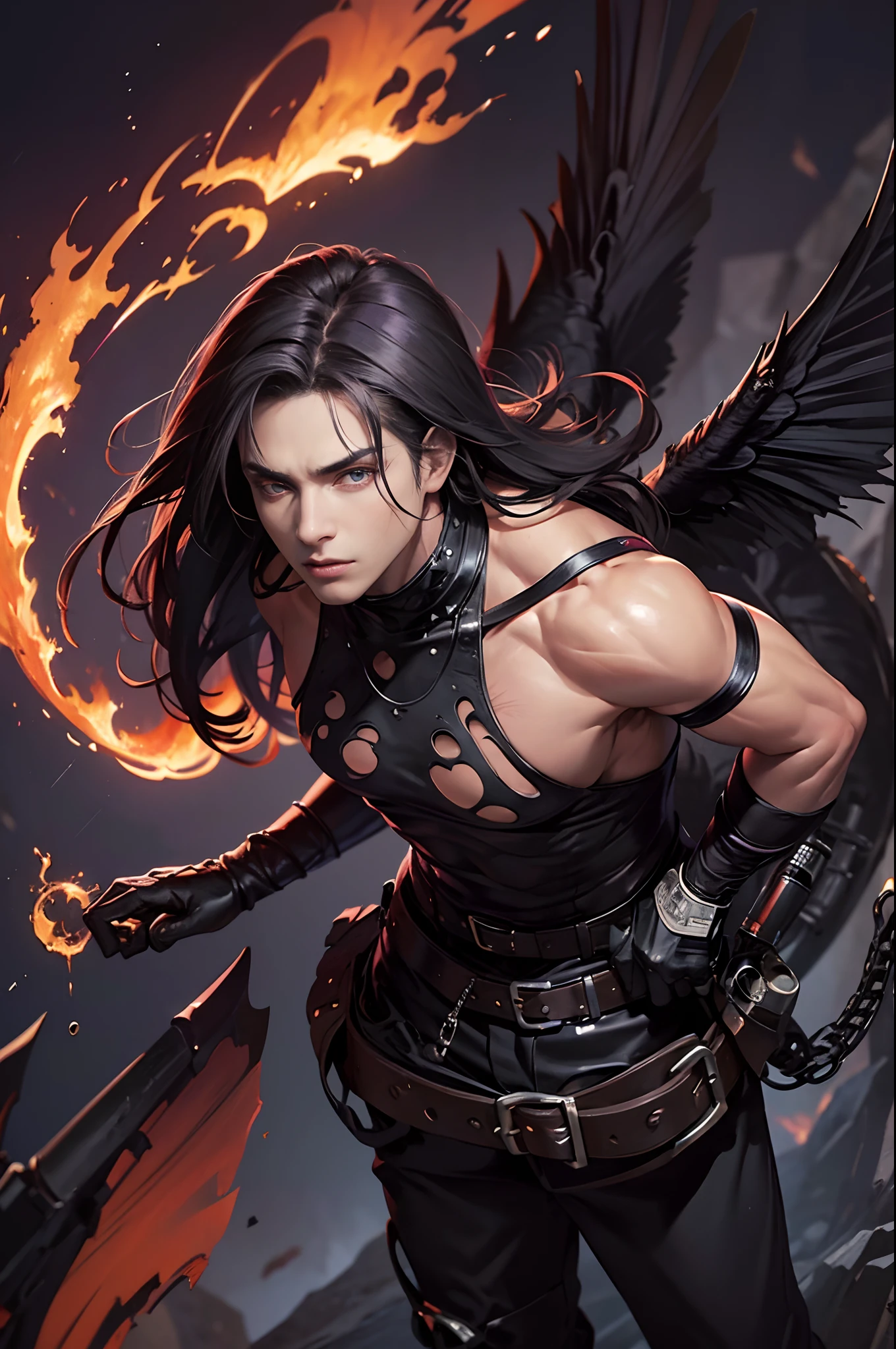 An athletic man with long dark hair, dark purple eyes, calm stare to the viewer, dressed with leather rags, big dark bat wings on his back, surrounded by whips of fire, lava, volcanic hell as background. Gloomy atmosphere, highly detailed.