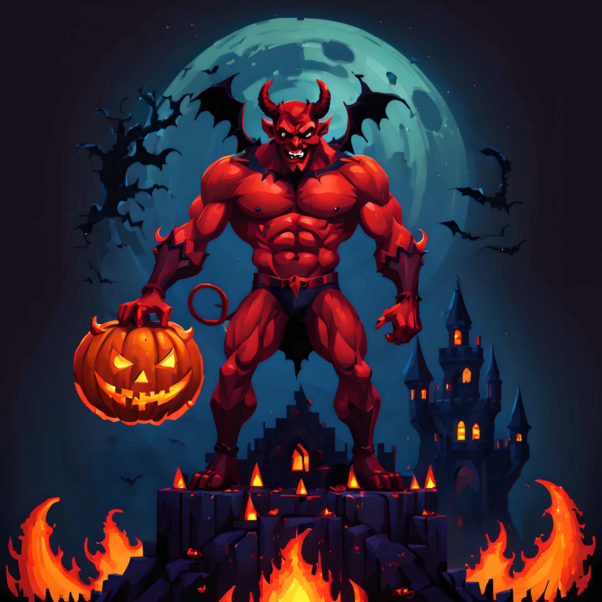 (halloween theme:1.3), (devil:1.5), (devil:1.5), (pixel art:1.5), scary muscular devil, standing on broken jack O'lantern, halloween day, dark background, european castle, fire aura background,