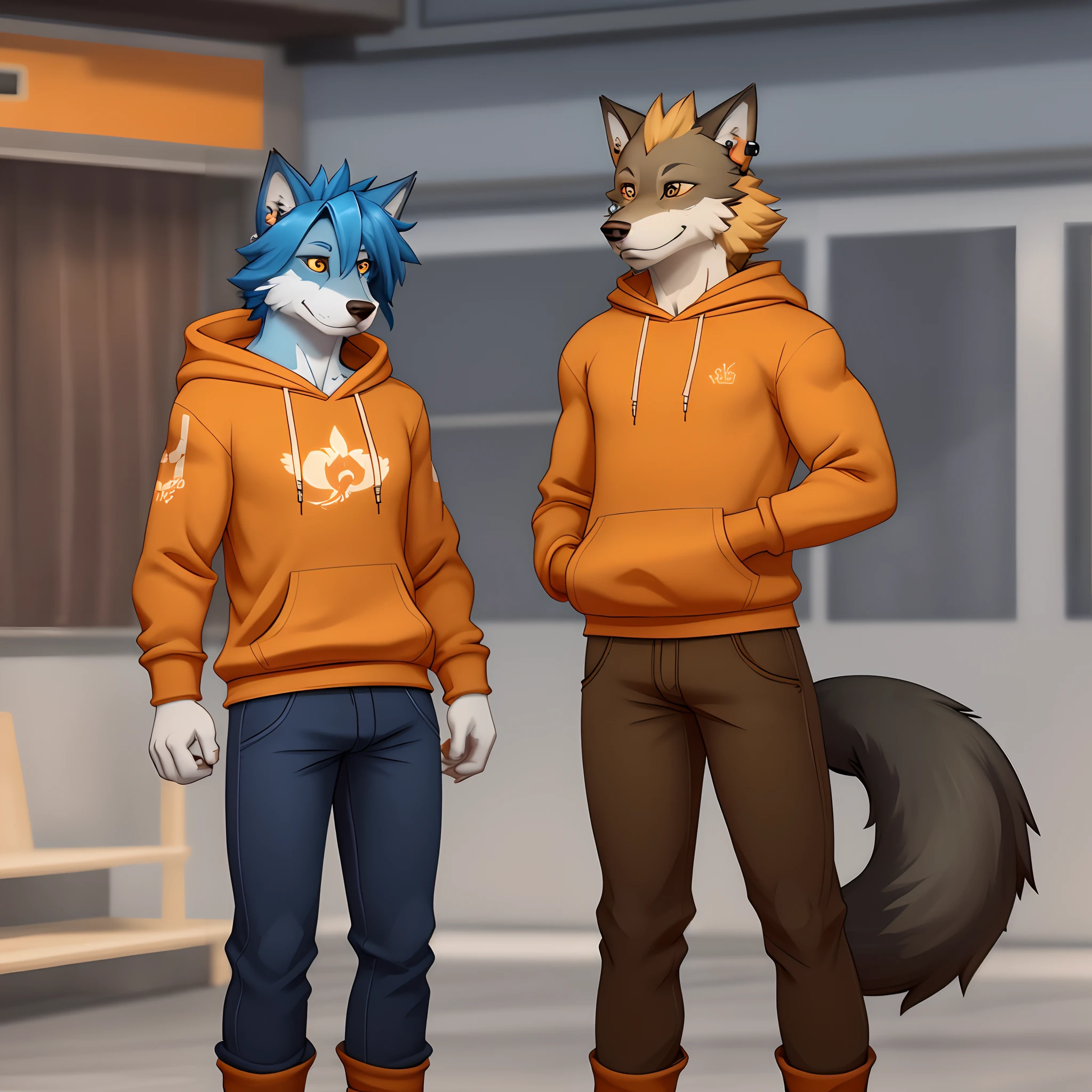 a Furry Wolf character with two loop earrings Brown and While Fur. Blue Hair and in a orange hoodie the Character name is Axel With geren eyes. With a 6 inch