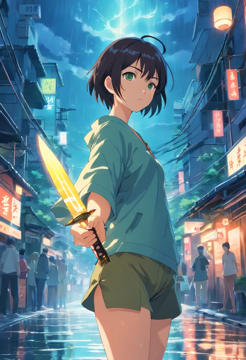 masterpiece, best quality, movie still, 1girl, Naruto, jonin outfit, hidden leaf jonin, black hair, short hair, green eyes, wielding a Bowie knife, absurdres, water jutsu, water theme, sidelighting, dark background, night setting, rain village, perfect hands, wet skin, highly detailed.