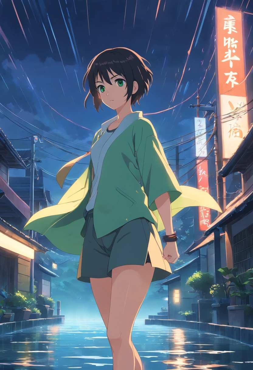 masterpiece, best quality, movie still, 1girl, Naruto, jonin outfit, hidden leaf jonin, black hair, short hair, green eyes, wielding a Bowie knife, absurdres, water jutsu, water theme, sidelighting, dark background, night setting, rain village, perfect hands, wet skin, highly detailed.
