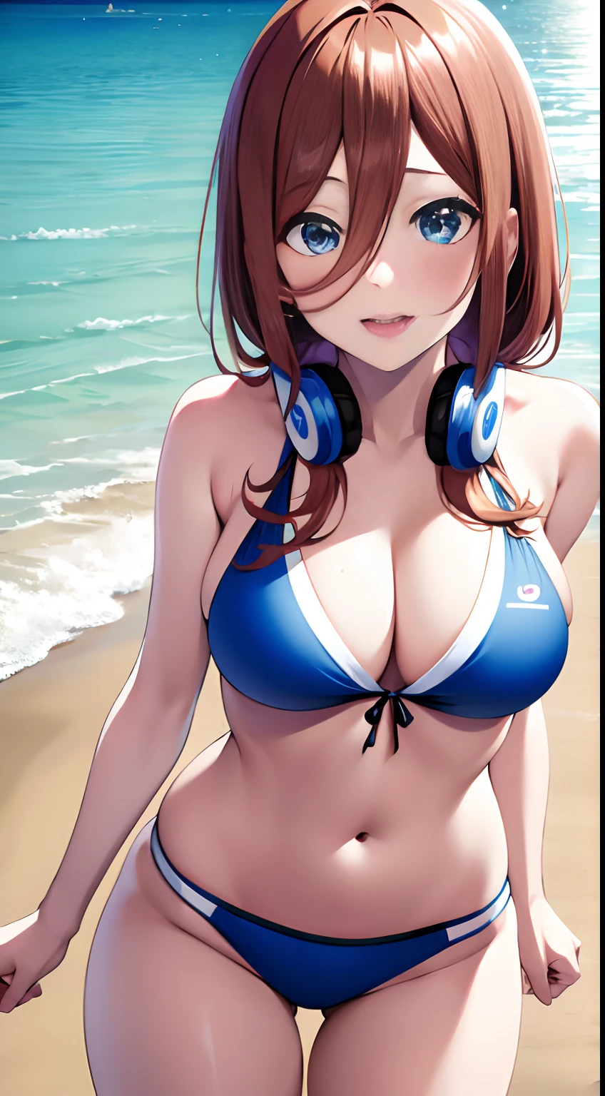 (masterpiece, high quality, high res), Nakano Miku (quintessential quintuplets), brown hair, bangs, headphones, running on beach, laughing, natural beauty, beach coast background, full body, revealing bikini, gorgeous frminine body, mature look, anime version, extremely detailed, UHD, 4k, 8k, award-winning, sharp focus, anime version, detailed face