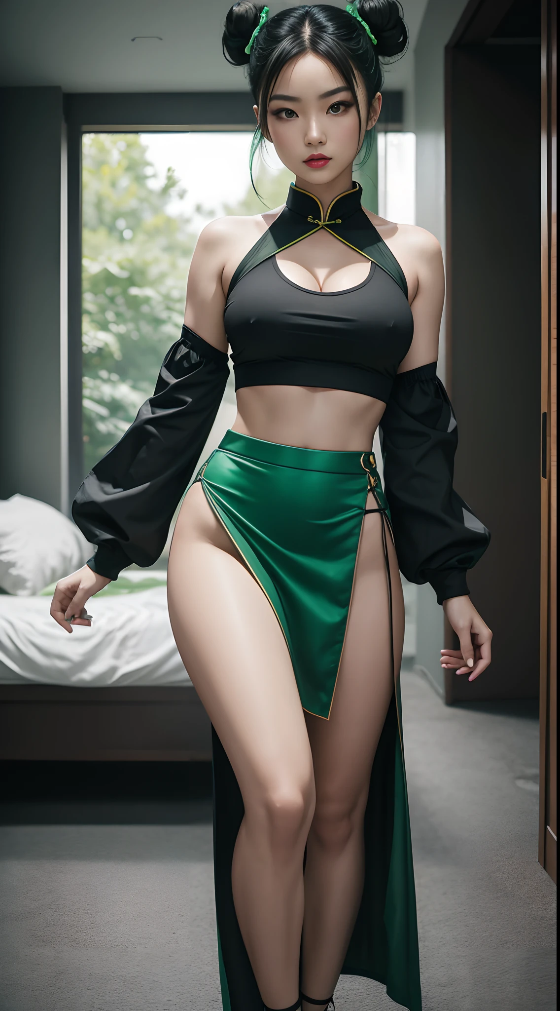 Sexy 16yo Chinese with XXL boobs matt finish crop top black with green trim small skirt color black with green trim eyes color green hair color green sexy pose, small size crop top, hyper weak body, hyper slim body, red lips, face shape square, deep cleavage exposed in heart, dual bun hair style, depth of field, Hyper realistic, shot on Sony, 50mm lens, f1.6, full body portrait, zoomed out, NSFW