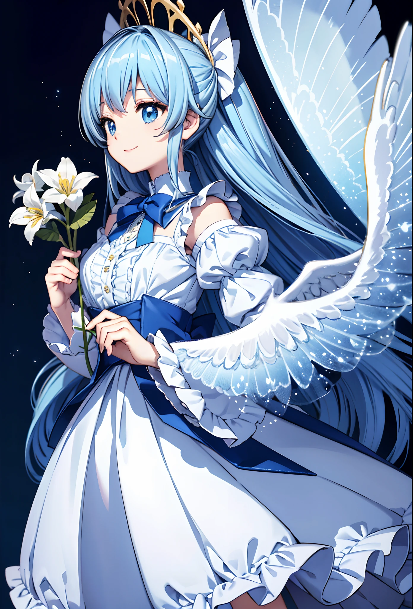 Angel wings shining in seven colors、Kawaii Girl、adorable smiling、Light blue long hair、Twin-tailed、Colorful angel costume in ta style with ruffles、A blizzard of fluttering flowers(Some photos)、((top-quality))、((masterpiece))、(ighly detailed、highestdetailed、Official art、Beautifully Aesthetic:1.2)