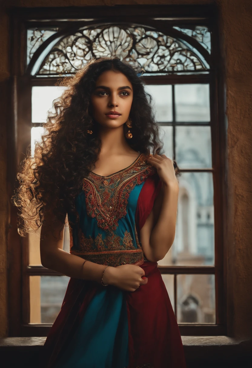 a close-up of a woman with long curly hair, a character portrait, the teenager a young woman from the Middle East, sofya emelenko, 1/4 head, a pretty young girl, extra-dark natural black hair,  beautiful  girl, looking directly at camera, beautiful mexican woman