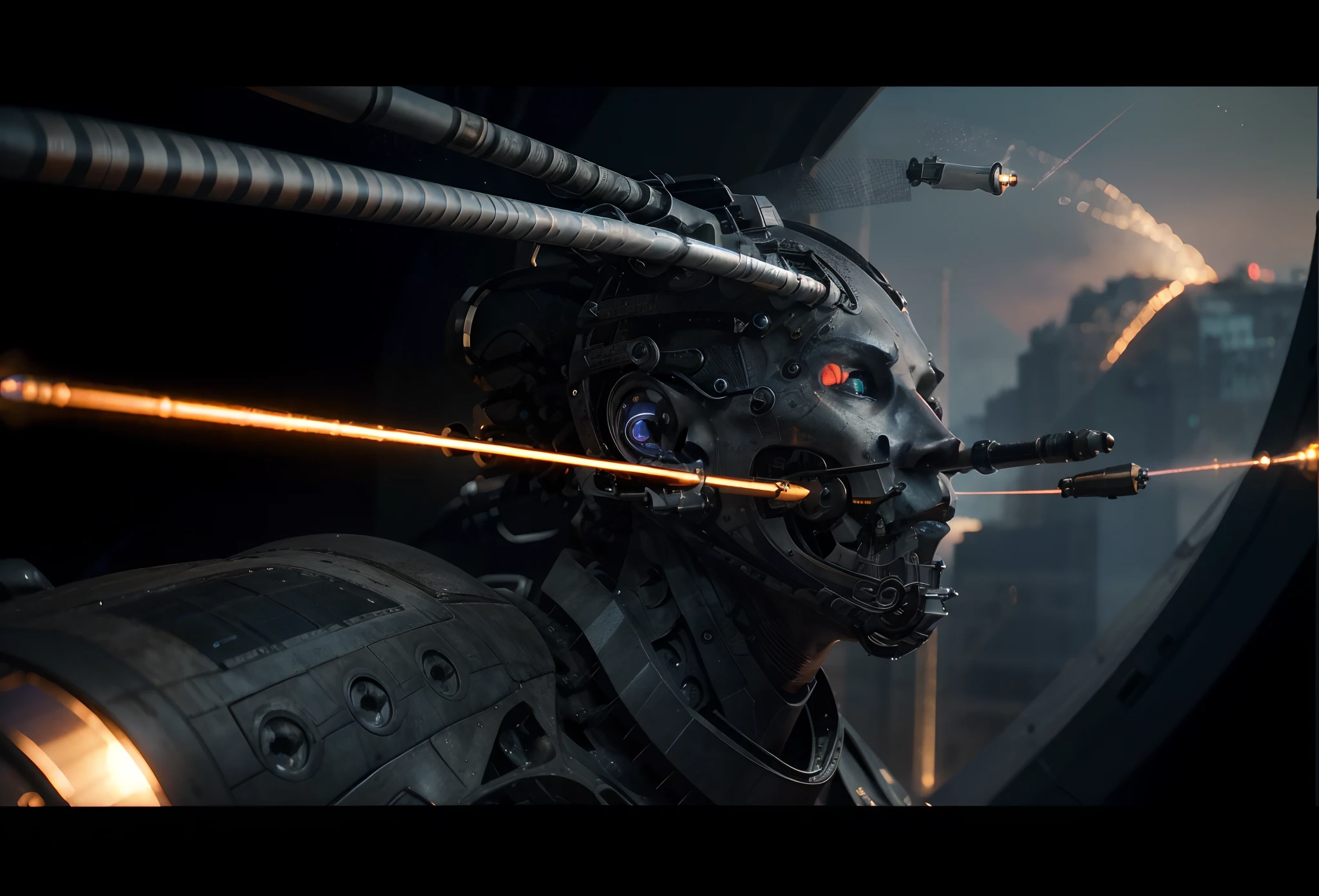 Futuristic aircraft biomechanical metals, greys,purple color details, firing laser, Beautiful sunset, Ultra detailed, Ultra photo realsisim, 4K, ultra detailed image, Realistic, Highly detailed, Perfectcomposition, Beautiful, Intricate details, Incredible detail, 8k Fine Art Photography, ultra - detailed, Masterpiece