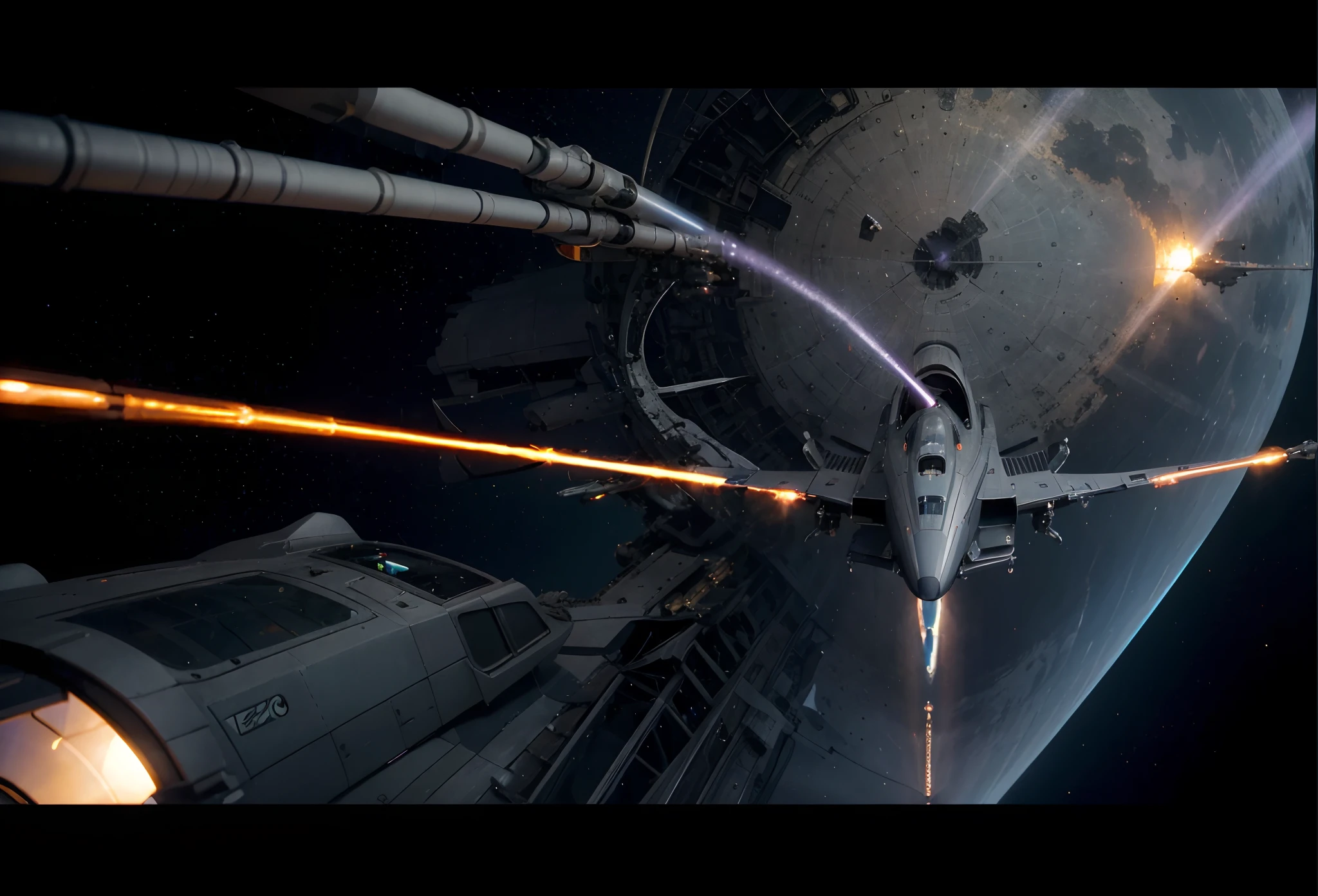 Futuristic aircraft biomechanical metal spaceship, greys,purple color details, firing laser, Beautiful sunset, Ultra detailed, Ultra photo realsisim, 4K, ultra detailed image, Realistic, Highly detailed, Perfectcomposition, Beautiful, Intricate details, Incredible detail, 8k Fine Art Photography, ultra - detailed, Masterpiece