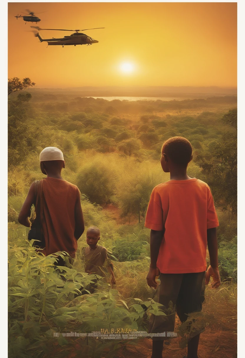 a CD cover containing images of young people reflecting on a day when their difficult reality was good, boys looking at a horizon of vegetation, sun, helicopter, people talking, religious people of African origin, realistic